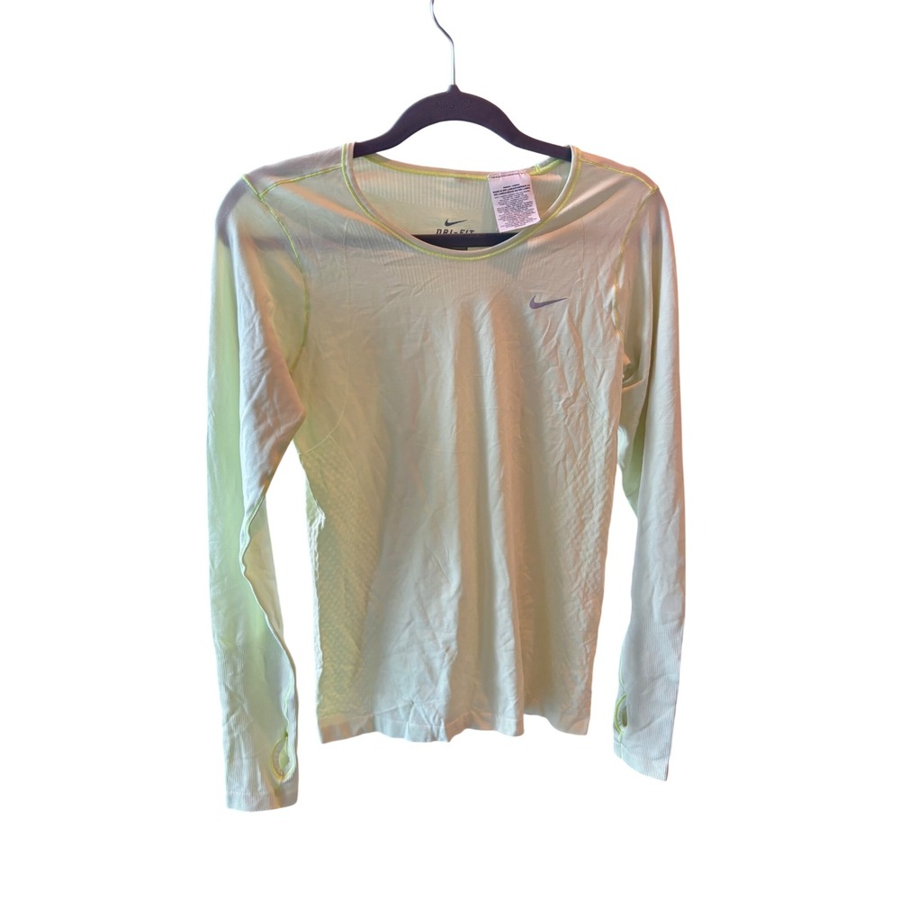 Nike Womens Dri-FIT Long Sleeve Running Shirt Neon‎ Lime Green Thumbholes Medium